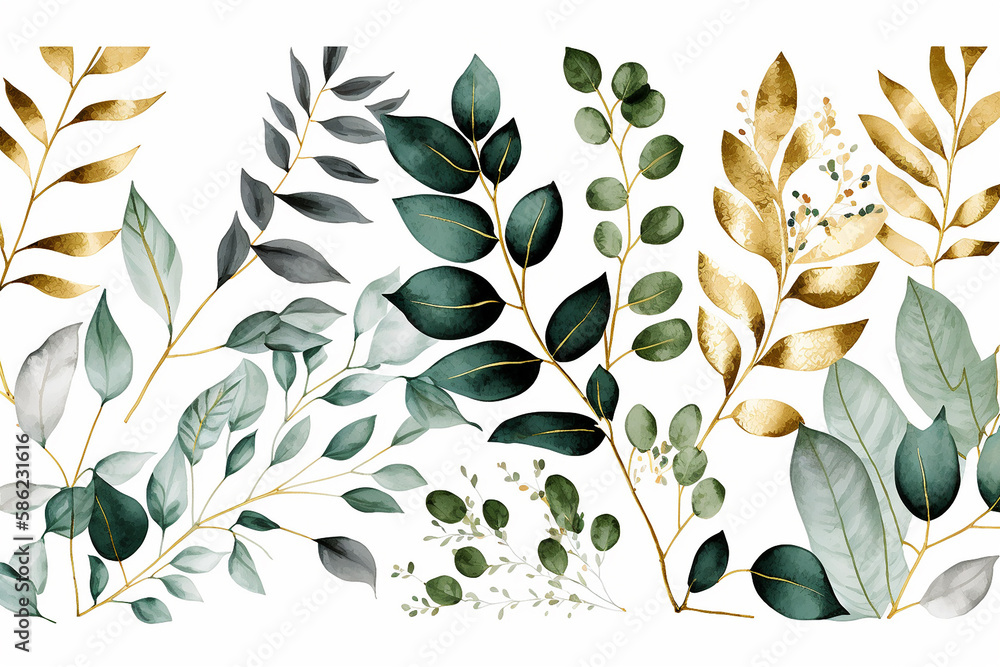 watercolor  floral pattern with green and gold leaves  wedding invitation Generative AI