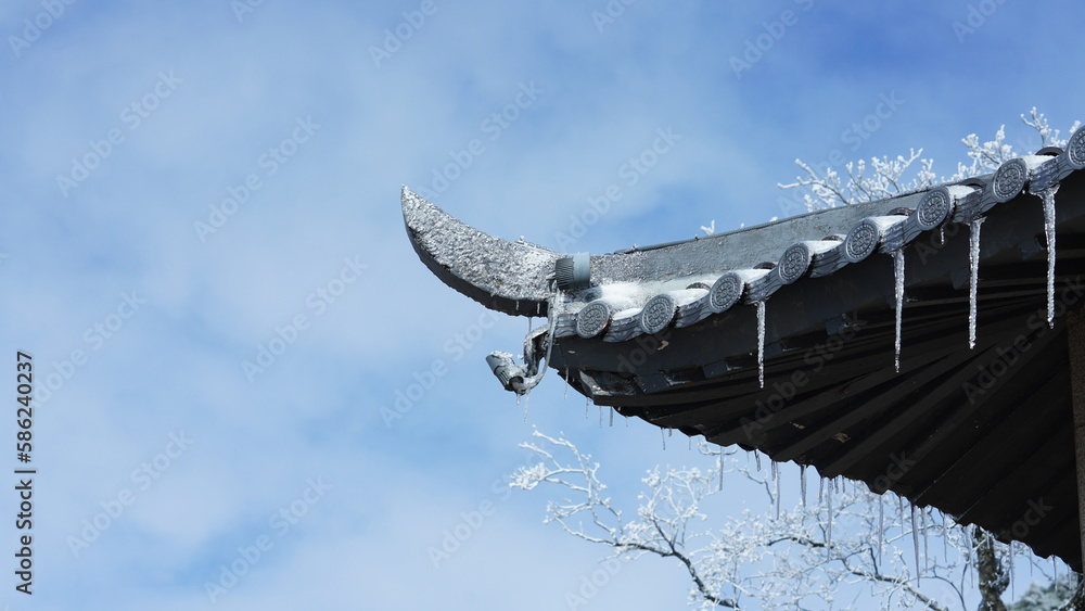 The frozen dropped ice columns hanging from the eaves in winter