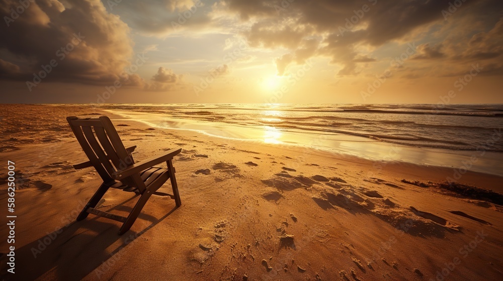 Beach chair and umbrella on beautiful beach. Sunset over ocean. Travel paradise concept. Generative 