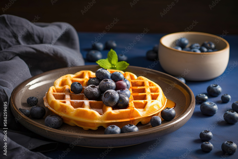 Plate with Belgian waffles and blueberries