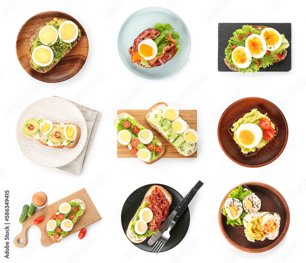 Group of tasty toasts with boiled eggs on white background, top view