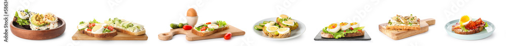 Set of tasty toasts with boiled eggs on white background