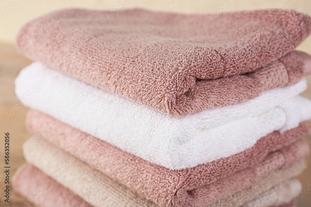 Stack of folded soft towels, closeup