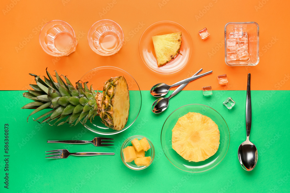 Composition with plates of cut pineapple on colorful background