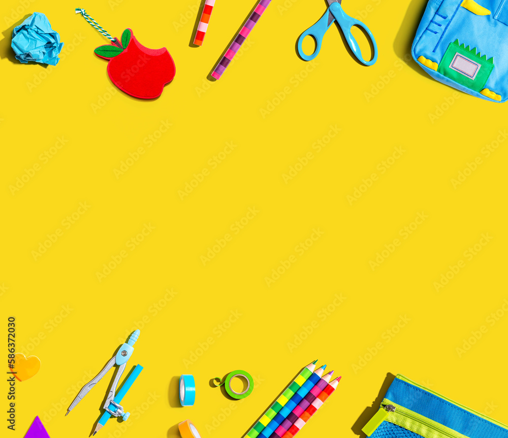 Collection of school supplies overhead view - flat lay