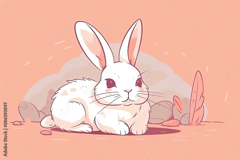 cute white rabbit sitting beside a green cactus in a desert landscape. Generative AI