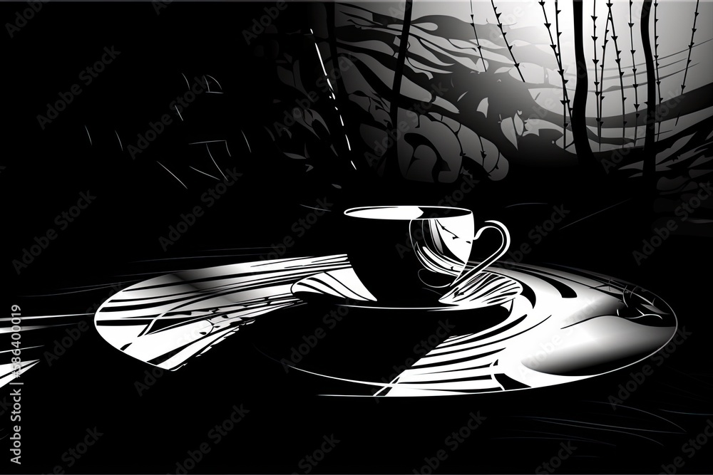 white coffee cup and saucer on a wooden table. Generative AI