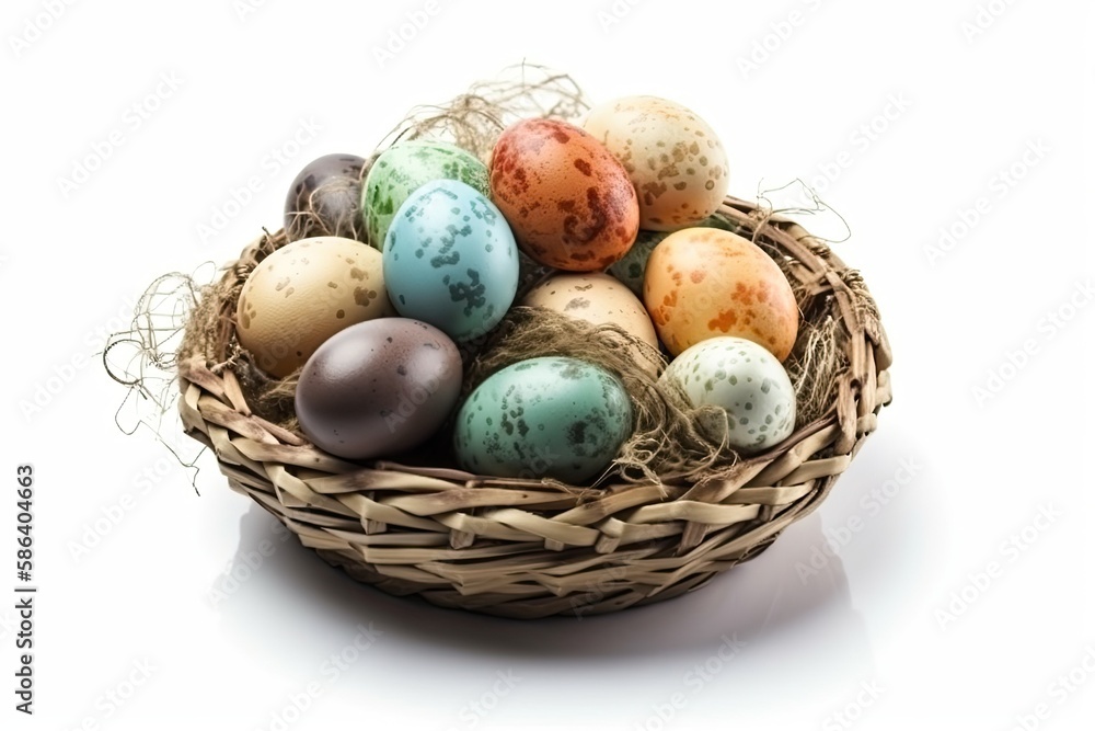 colorful Easter basket filled with eggs of various sizes and colors. Generative AI