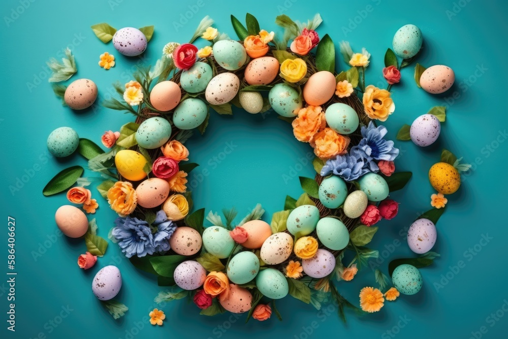 festive wreath made of colorful eggs and flowers. Generative AI