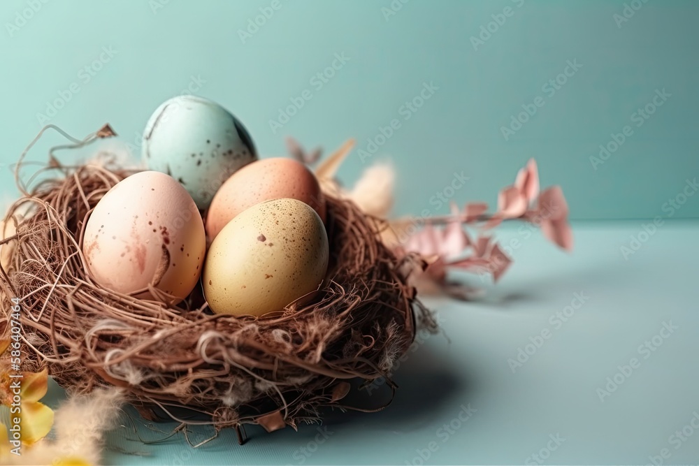 bird nest with three eggs. Generative AI