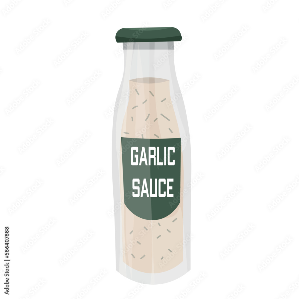 Bottle of tasty garlic sauce on white background