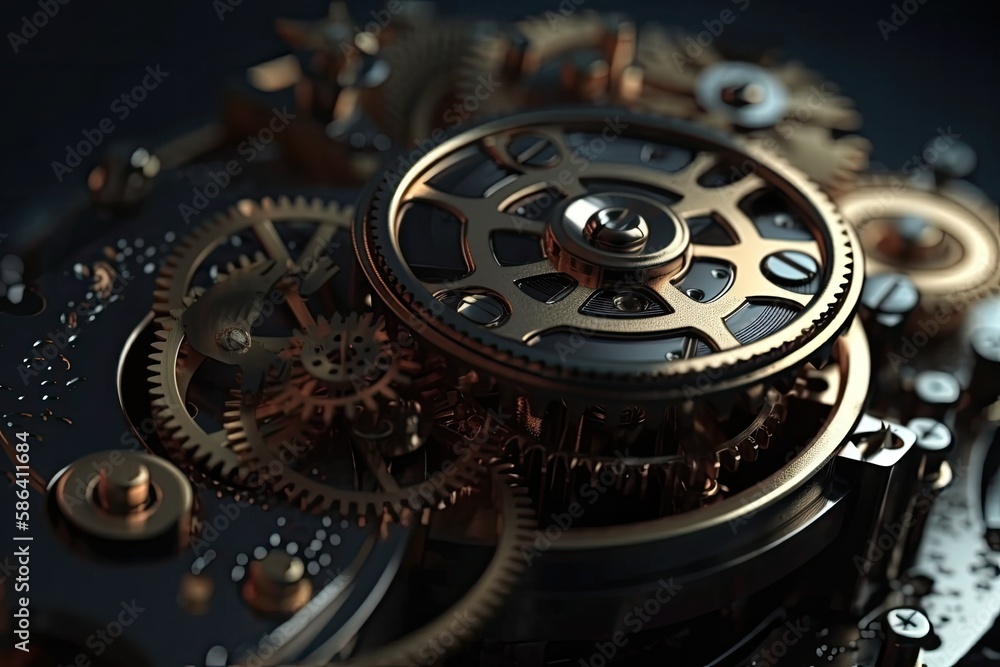 detailed view of a watch movement and its components. Generative AI