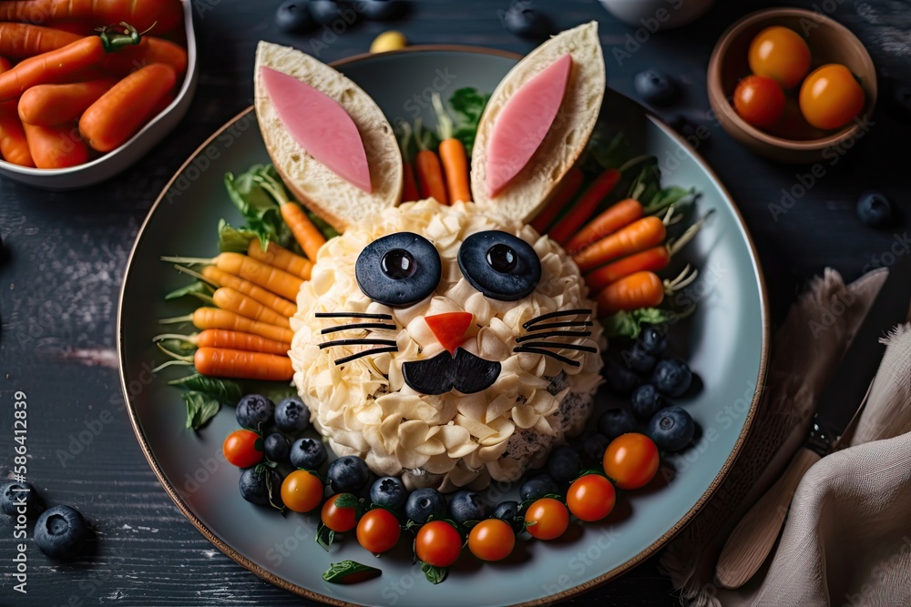 plate decorated with pasta bunny and carrots. Generative AI