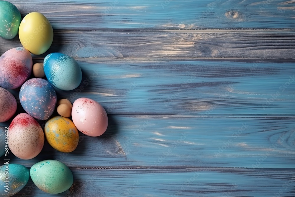 colorful Easter egg display on a rustic wooden table. Generative AI