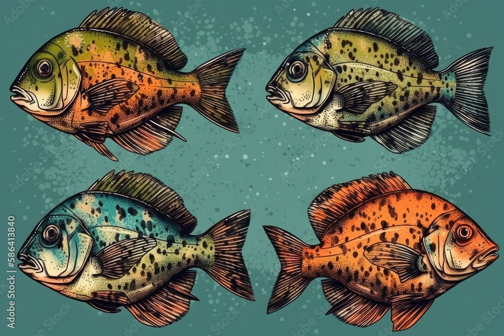 four brightly colored fish swimming in a blue aquatic environment. Generative AI