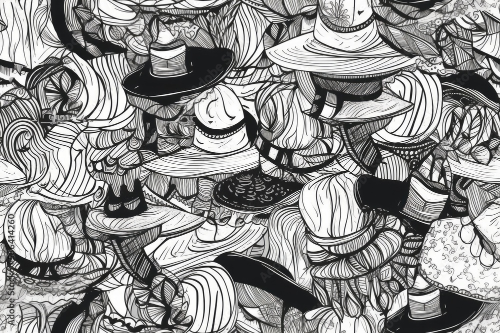 collection of hats in a black and white drawing. Generative AI