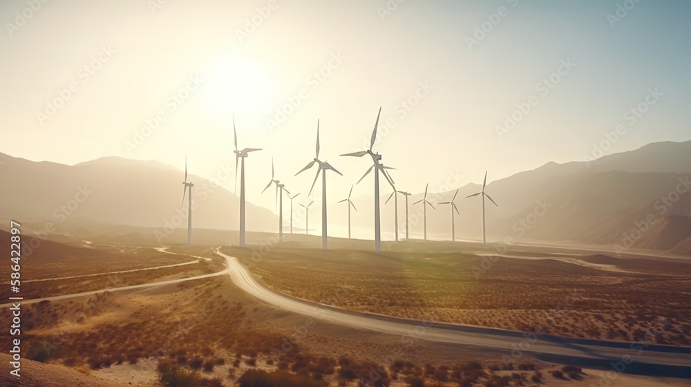 Wind turbines in the desert. Renewable energy concept with sand dunes. Generative AI