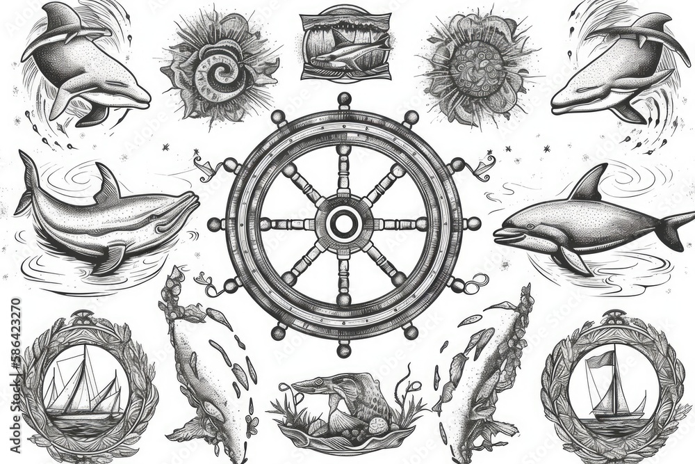 nautical ship wheel with playful dolphins swimming around it. Generative AI