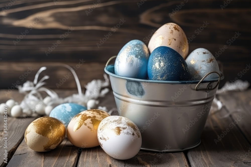 colorful Easter eggs in a rustic setting. Generative AI