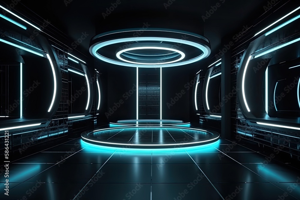 neon-lit room with circular mirror. Generative AI