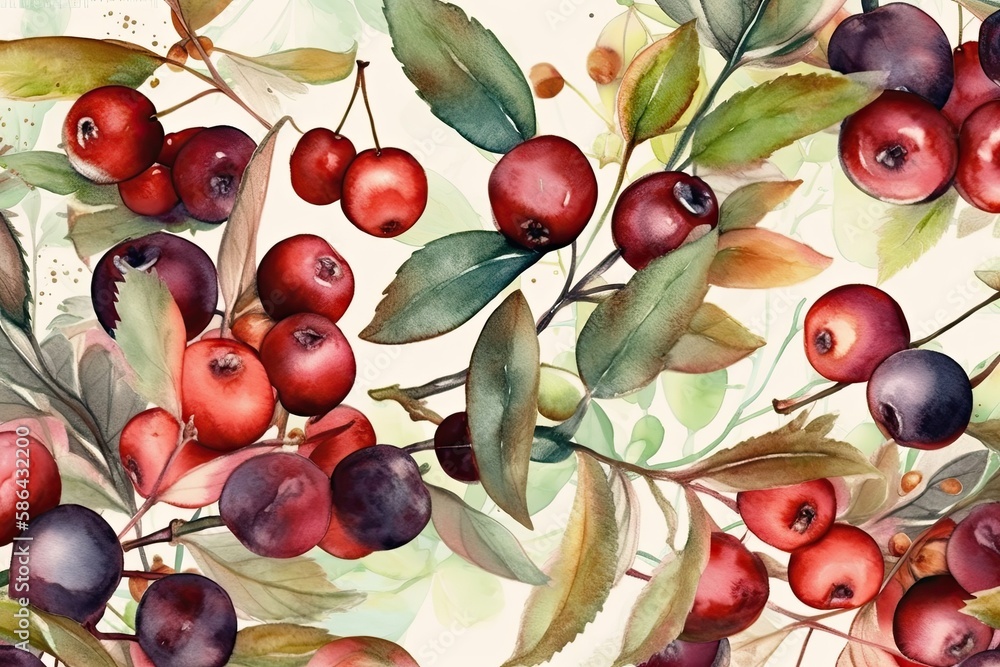 berries and leaves on a white background. Generative AI