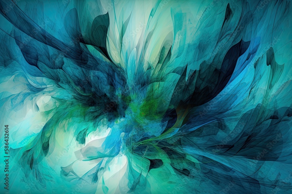 an abstract painting of blue and green flowers. Generative AI