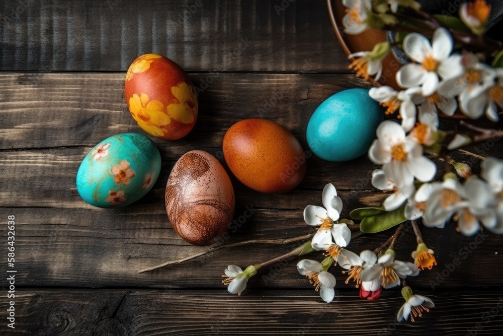 rustic wooden table with a dozen fresh eggs resting on top. Generative AI