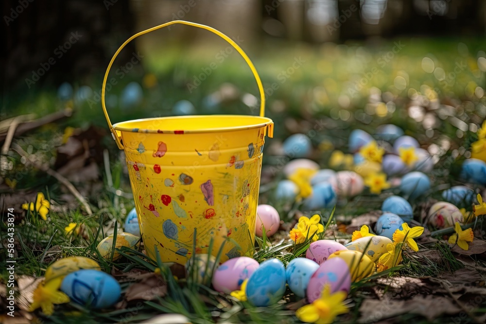 yellow bucket filled with colorful painted eggs resting in the grass. Generative AI