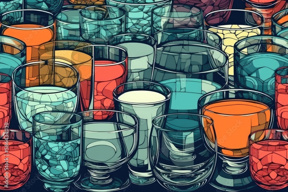 row of different glasses standing on a table. Generative AI