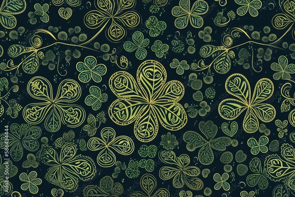 background with green and black four leaf clovers. Generative AI