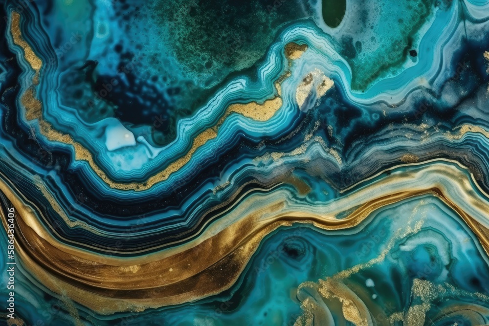 close-up view of a blue and gold marble. Generative AI