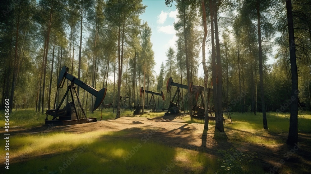 Oil rig in forest. Fir trees and oil pumps. Generative AI