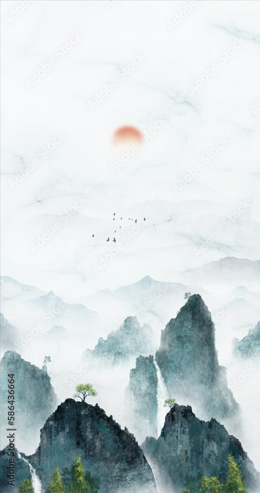 Chinese style blue background landscape illustration