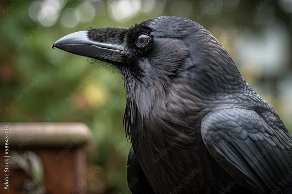 black bird perched on a tree branch in close-up. Generative AI