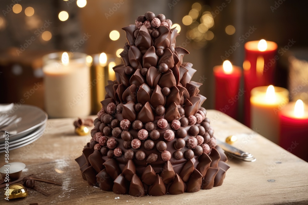 festive chocolate Christmas tree on a rustic wooden table. Generative AI