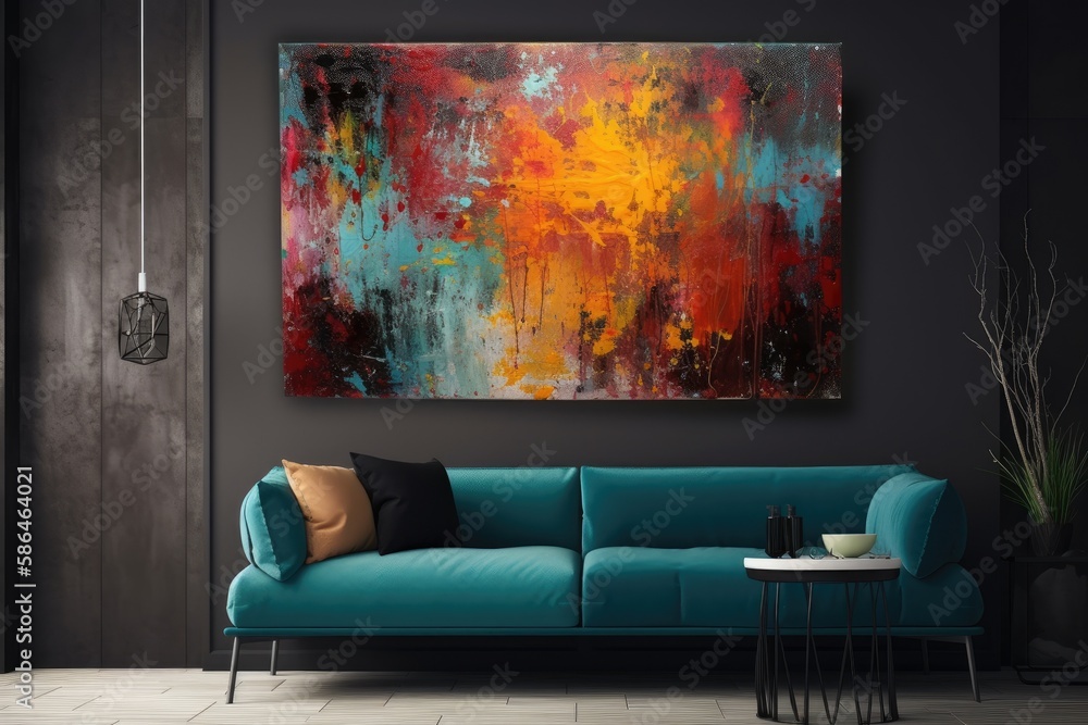 modern living room with a blue sofa and colorful abstract artwork on the wall. Generative AI