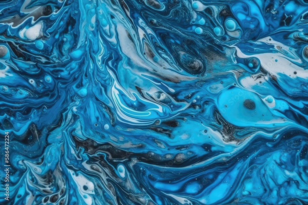 close-up view of swirling blue and black liquid in a glass container. Generative AI