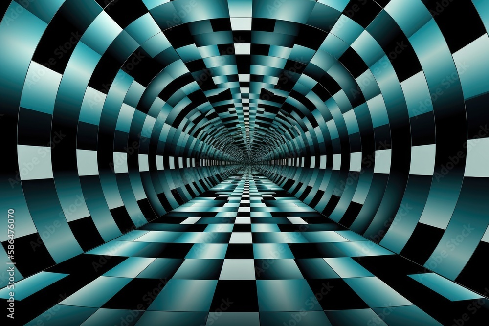 tunnel with a black and white checkered floor leading to an unknown destination. Generative AI