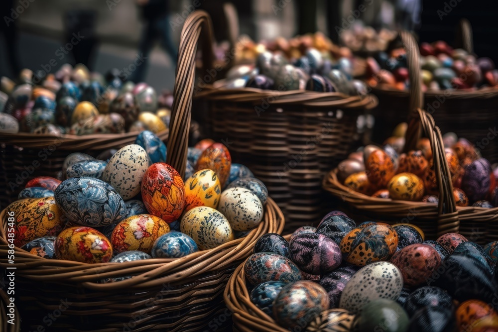 colorful Easter eggs in baskets. Generative AI