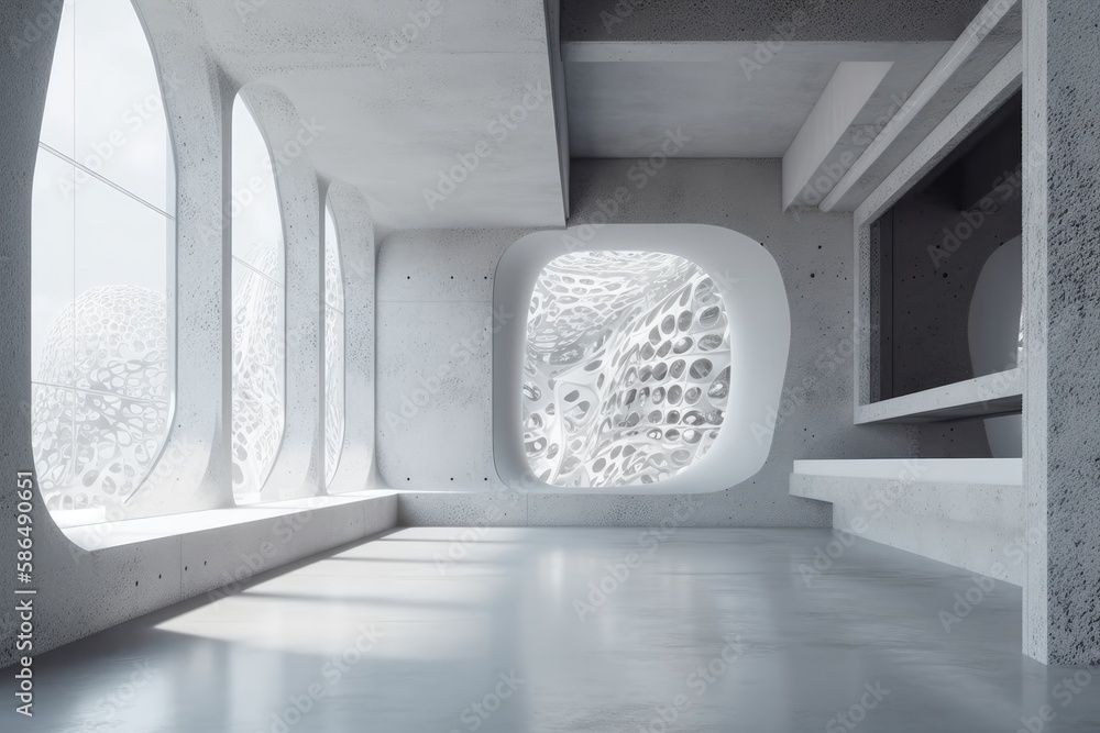 Minimalist White Room with Natural Light and Concrete Walls. Generative AI