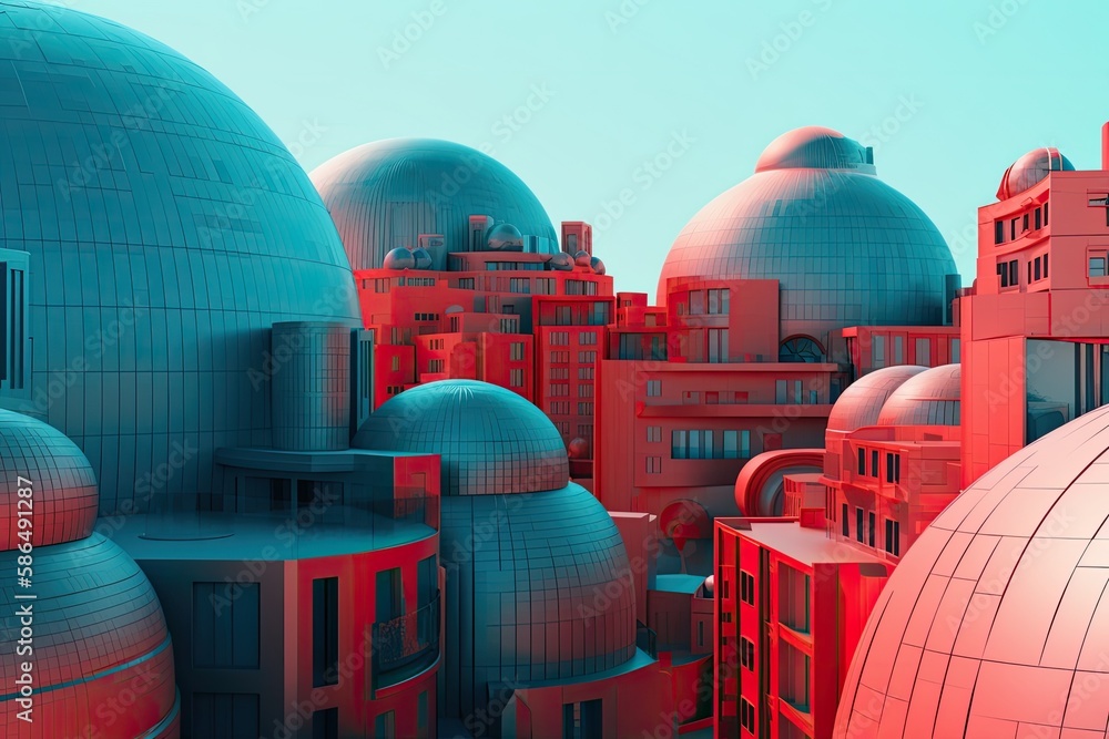 colorful cityscape with red and blue buildings. Generative AI