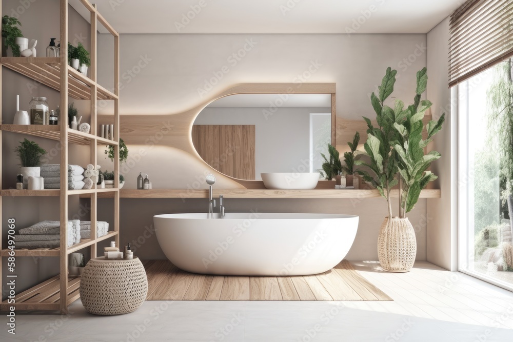 luxurious white bathtub placed beside a large window with a beautiful view. Generative AI