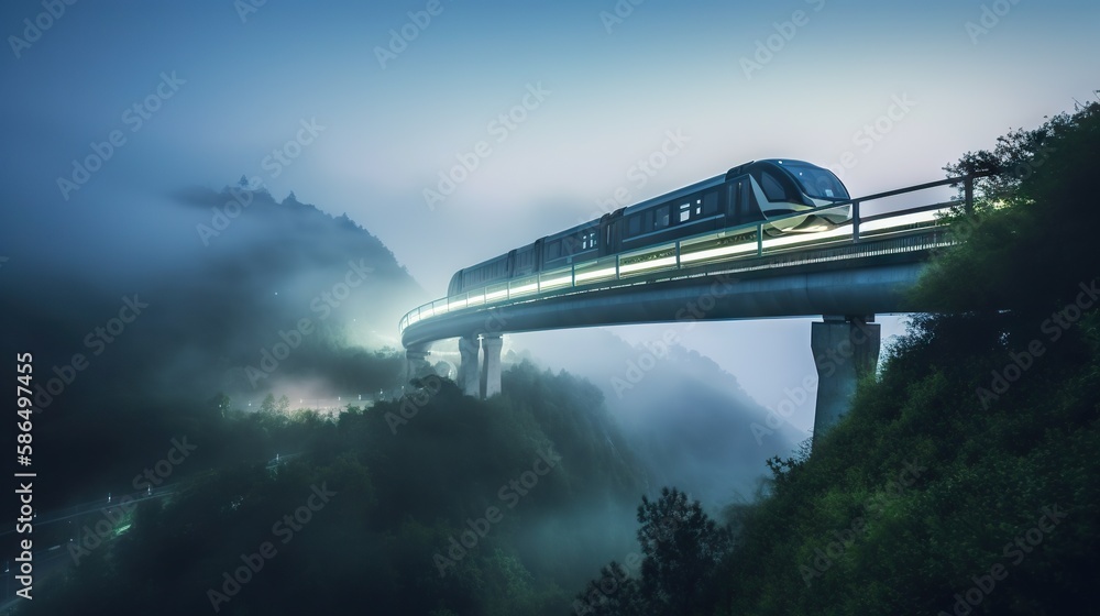 Speed passenger train moving in the mist mountains covered with forest. Generative AI