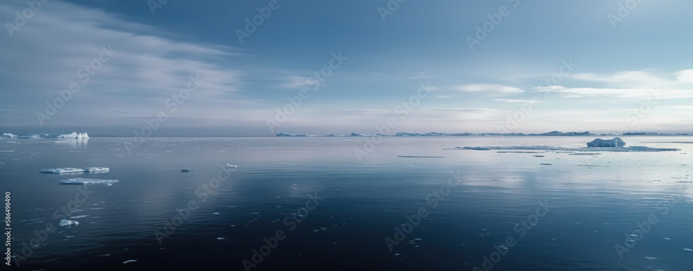 Winter sea landscape with floating ice fragments on still cold water. Generative AI