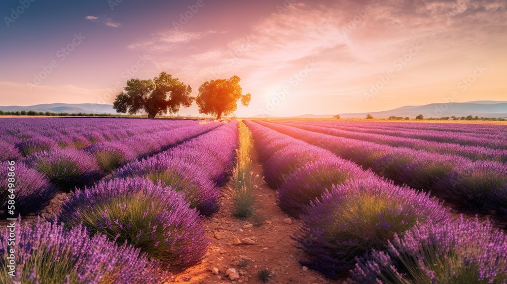 Stunning landscape with lavender field with stunning sunset on background. Generative AI