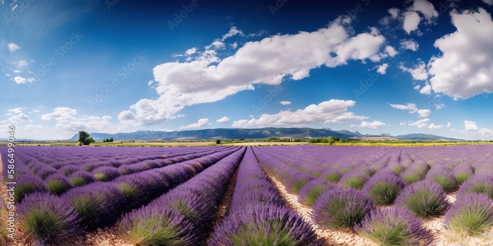 Stunning landscape with lavender field on sunny day. Generative AI