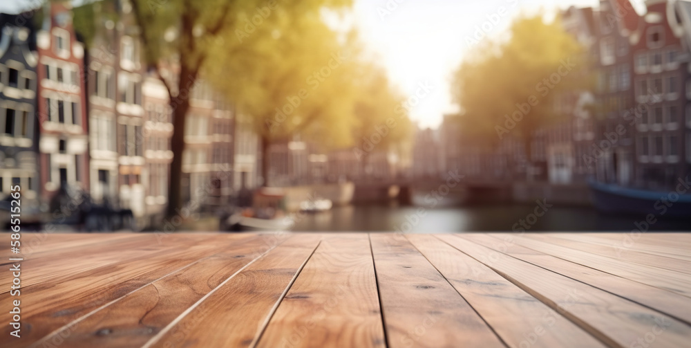 Wood table mockup with Amsterdam city street in shallow depth of field. Copy space for product. Gene