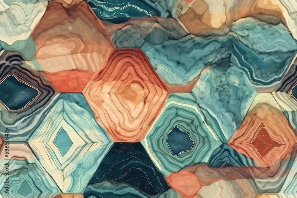 an abstract painting composed of hexagonal shapes in vibrant colors. Generative AI