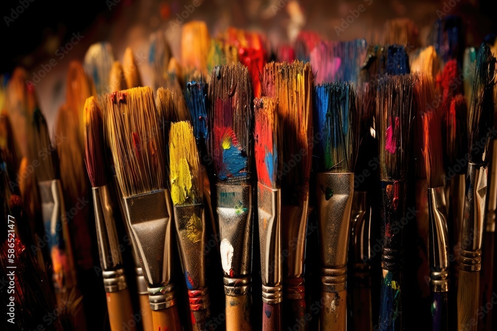 close up of a variety of paint brushes with different colors and textures. Generative AI