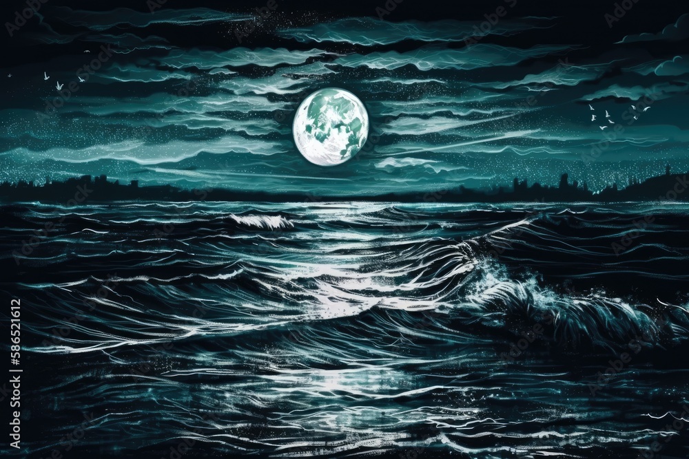 serene ocean scene with a glowing full moon above. Generative AI